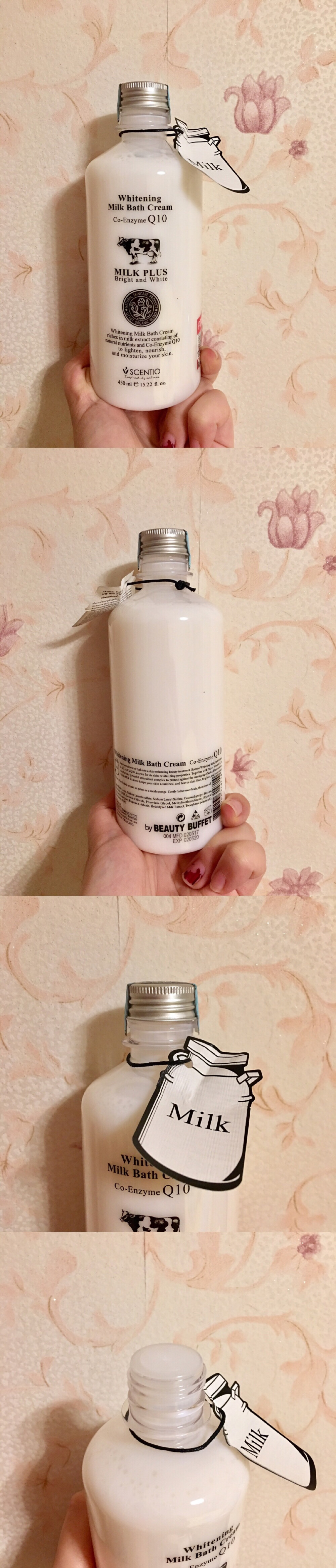 泰国beauty buffet沐浴乳450ml
因为买了他们家的牛奶洗面奶，很喜欢那股牛奶味，也就买来看看这个沐浴乳是不是也有相似的香味。
沐浴乳的香味和洗面奶的香味不一样，但是也很好闻，闻着不是很腻，闻着很甜。挤出来像酸奶那样粘稠，然后搓出来的泡沫很丰富，洗完澡之后，身上香香的。很喜欢这款沐浴乳哦。
洗完之后能不能变白，不知道；洗完之后的清洁力度好不好，不知道。