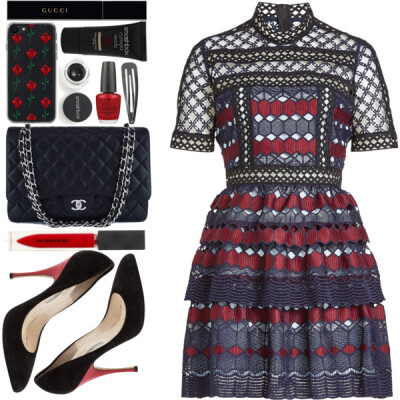 A fashion look from September 2017 featuring blue ruffle dress, pre owned shoes and quilted chain purse. Browse and shop related looks.