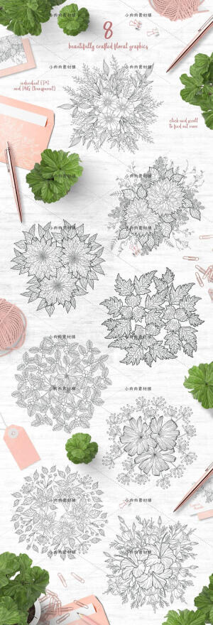 简约花朵花束植物白描线稿填色图案插画AI矢量设计素材ai271