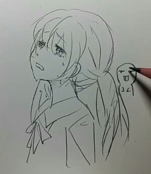 头像 铅笔  女头  哭   双马尾