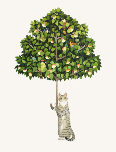 木伞 ~ 猫咪 水彩 GraceJ插画