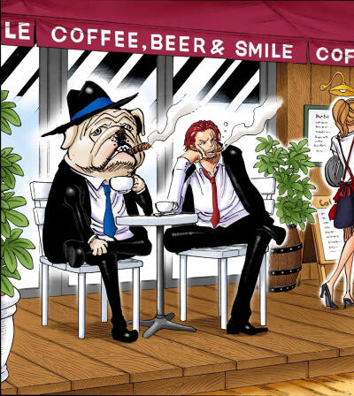 海贼王 【扉页】 香克斯和狗一起在咖啡店的露天座位休息