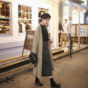 C小小秋季新款韩版中长款大口袋针织开衫外套女宽松长袖过膝毛衣