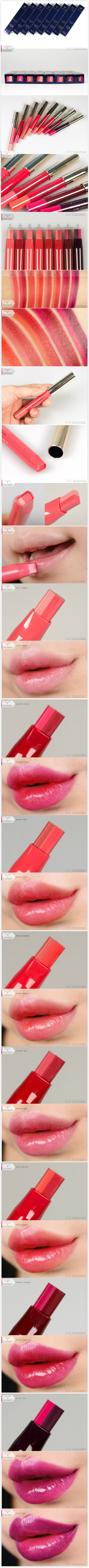 【雅诗兰黛 | Pure Color Love One Stroke Om bre Lipsticks试色分享】
容量1.2g / 韩币30000
笔妆盖头为金色，旋转式推口！ 双色立体形态, 渐变可表现咬唇和饱唇妆容！
虽然全系列共8款，但实际有16款色系，可分开使用~
以下试色从左至右:
255号 shy+insolent, 265号candy+catwalk, 335号rush+crush,345号 baby+bombshell, 355号venus+vixen,435号bad+beautiful, 445号sweet+shameless, 455号lust+lilac