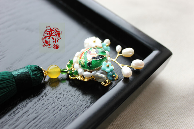 定制 【奕小铺】中国风汉服文艺复古珍珠景泰蓝玛瑙流苏胸针褙子扣手工