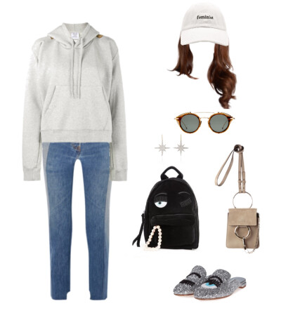 Vetements hoodie、jeans，Chiara backpack、mules，Chloé mini bag，Forever 21 cap，Tb-804A suglases，Sydney Evan earrings#895