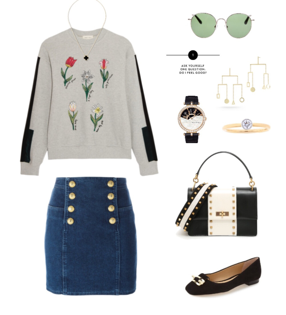 Sjyp sweatshirt，Balmain skirt，Medium Moxie bag，Michael Kors flat，The Row sunglasses，Van Cleef&Arpels watch、pendant，Tiffany ring，Kinetic Objects earrings#713