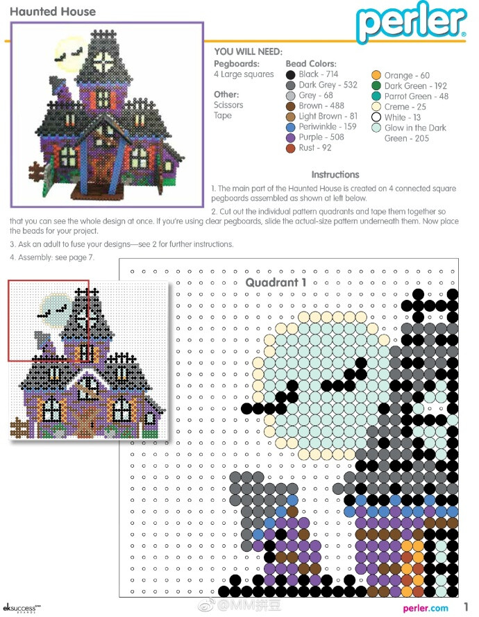 #我爱拼豆# 转自perler官网的万圣节大件立体摆件：鬼屋感觉~大家可以万圣节题材的玩儿起来了~~做的好不好是一方面成品照片一定要拍的好看！哈哈哈贴图也要好看！比如 黄油相机，已经发现很可爱的万圣节贴图了~~~哈哈哈~ ​​​​