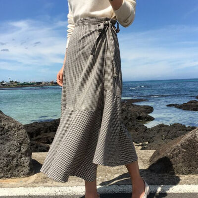 韩国秋装 不对称荷叶边 复古格子飘逸高腰系带半身长裙裹裙