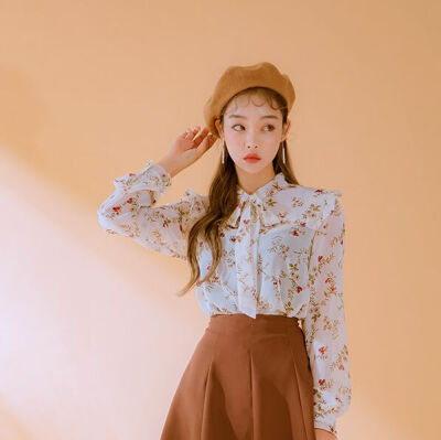韩国秋装 小清新复古 漂亮碎花荷叶边系带轻薄透视长袖衬衫