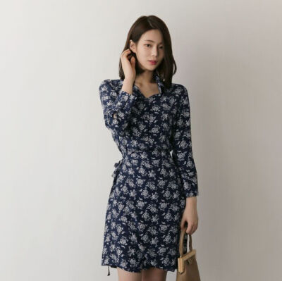 韩国秋装 复古端庄 气质印花翻领系带长袖衬衫式连衣裙 2色入