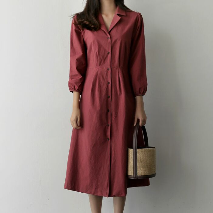 韩国秋装 法式复古气质 简约纯色显瘦高腰衬衫式连衣裙 2色入