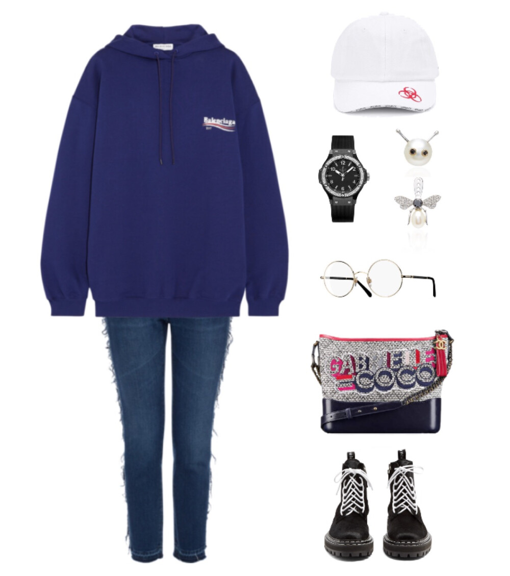 Balenciaga hoodie，Alexander Mcqueen jeans，Proenza Schouler boots，Chanel Fall-Winter2017/18 handbag，Vetements cap，Yvonne Leon studs，Hublot watch，Chanel Round eyeglasses#900