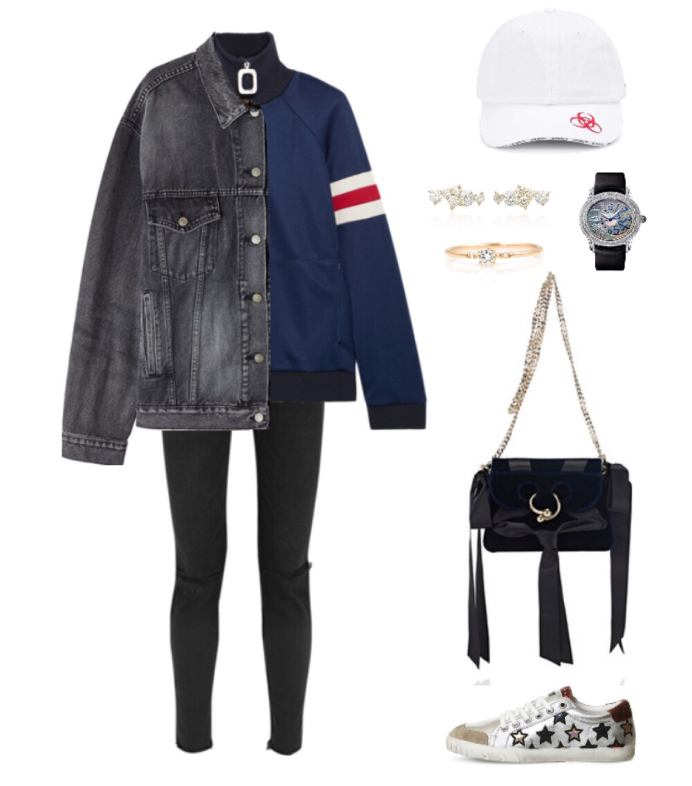 J.W Anderson sweatshirt、bag，Frame jeans，Balenciaga jacket，Ash trainer，Vetements cap，Audemars Piguet watch，Sydney Evan stud，Sparkly diamond ring#903