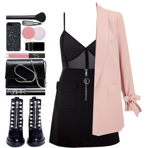 A fashion look from October 2017 featuring evening jackets, short mini skirts and black military boots. Browse and shop related looks.