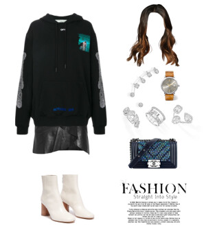 Off-White hoodie，IRO skirt，Sandro boots，Chanel bag(metal)，Messika(my twin earrings、ring)(move romane band)，IWC watch#906