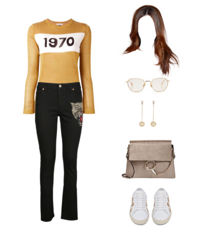 Bella Freud 1970' jumper，Gucci jeans，Chloe bag，Saint Laurent sneakers，Retrouvai earrings，Roung sunglasses/Moda Operandi#901