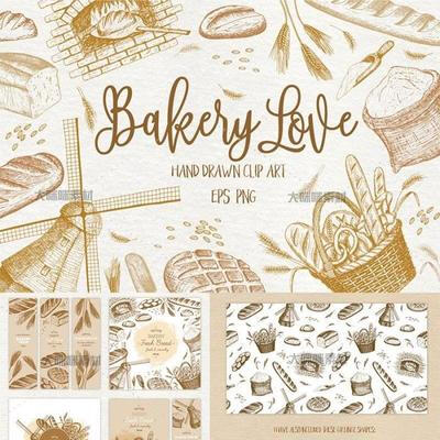 手绘线稿图烘焙面包包装袋海报图案素描插画AI矢量设计素材AI150