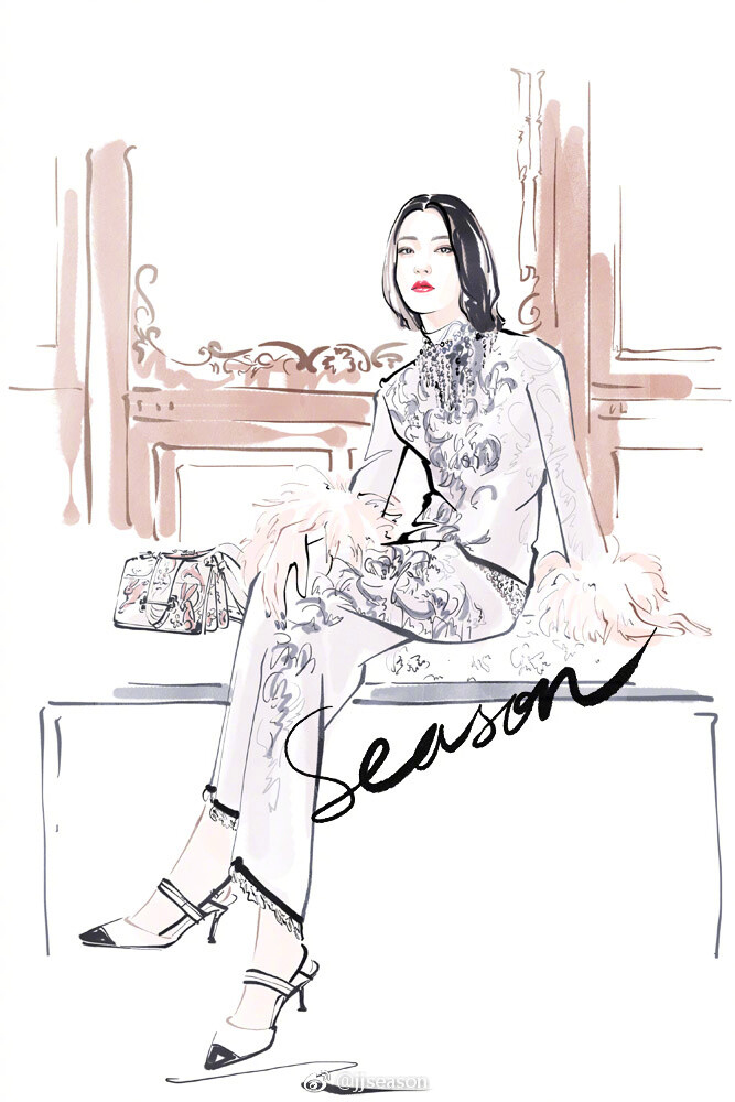 #jjseason插画# #明星红毯礼服插画# ---- 名模#杜鹃#身着PRADA 2018早春裤装，古典优雅亮相#Prada荣宅#之夜。 ​​​​