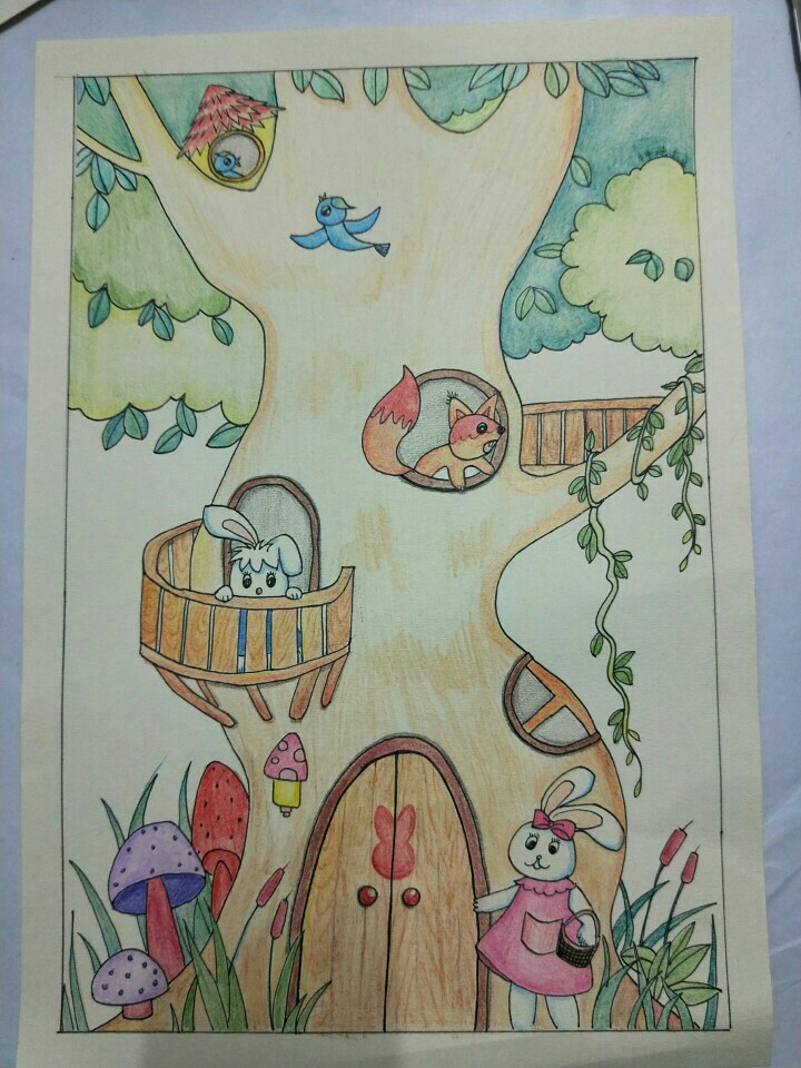 彩铅涂的一张简笔画，有点不上色，涂的手疼，哈哈……