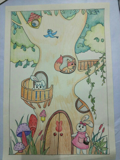 彩铅涂的一张简笔画，有点不上色，涂的手疼，哈哈……