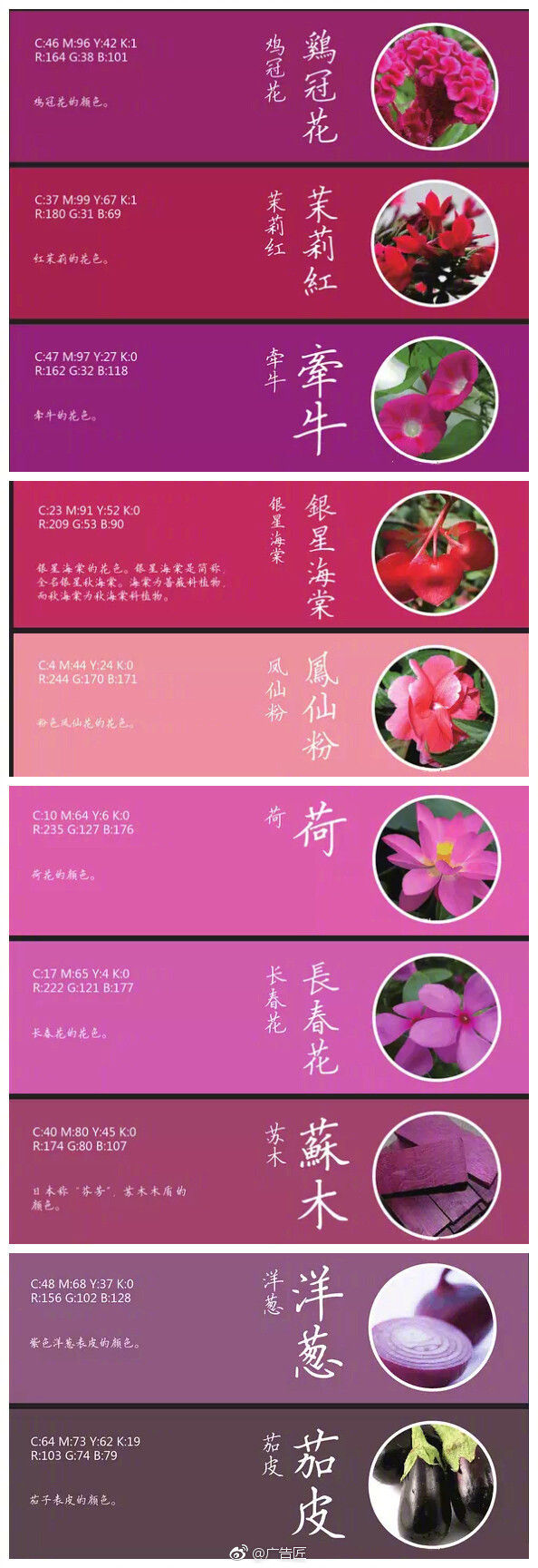 一组以植物命名的颜色，附带RGB 、CMYK色值 ????