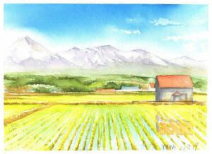 风景水彩  田园  山水 房屋 蓝天 手绘