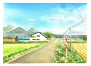 风景水彩  田园  山水 房屋 蓝天 手绘