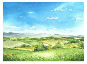 风景水彩  田园  山水  蓝天 手绘
