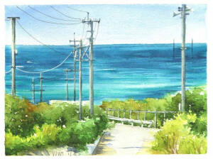 风景水彩  田园  山水 大海 蓝天 手绘