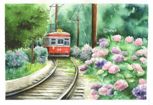 风景水彩 车站 火车 花丛 森林 手绘
