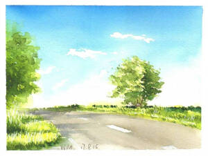 风景水彩  田园  山水 房屋 蓝天 手绘