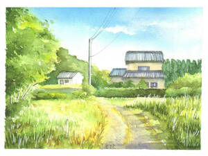 风景水彩  田园  山水 房屋 蓝天 手绘