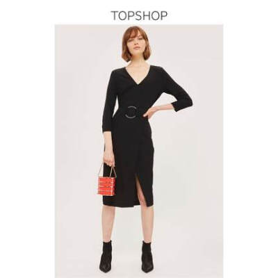 TOPSHOP黑色金属环腰带V领长袖连衣裙|10N50MBLK