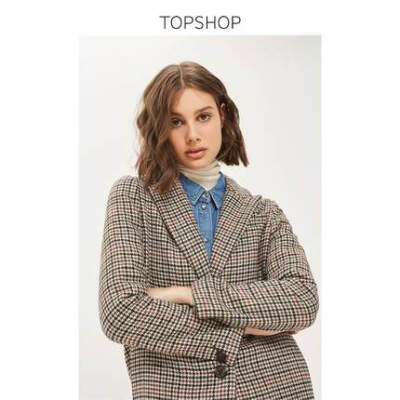 TOPSHOP预售米色细格纹西装领女士中长款外套07C07MBGE
