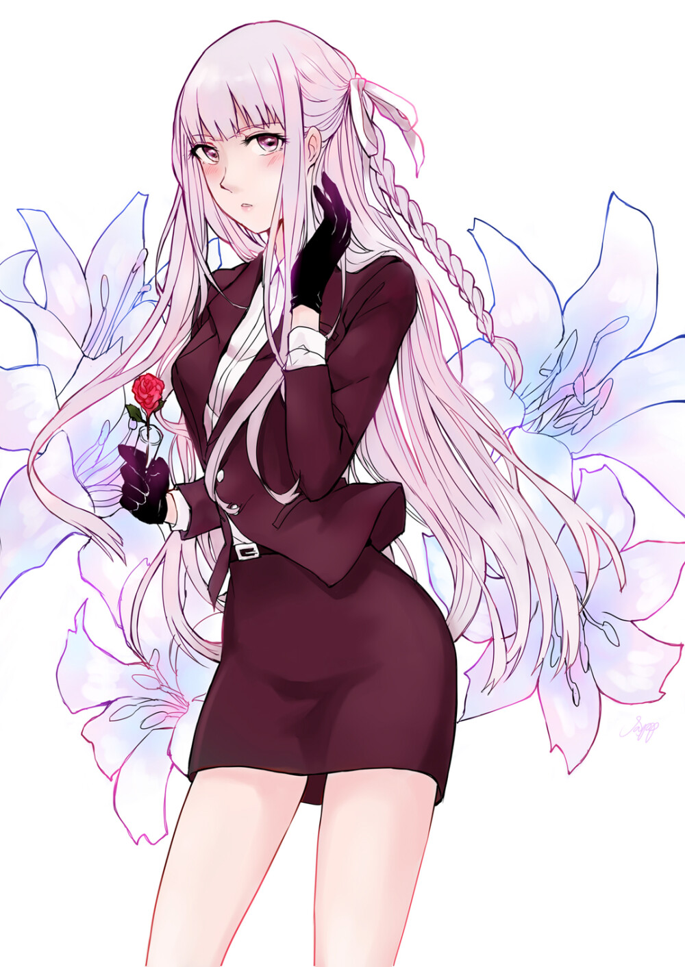 【来源pixiv，侵删】響子さん
画师：SapphireZ
雾切响子，游戏及其动画《弹丸论破：希望的学园与绝望的高校生》女主角。希望之峰学院第78期学生，初期才能未知。实际头衔为“超高校级的侦探（超高校级の“侦探”）”。非常无口的属性，并拥有相当神秘感和第六感的美少女。虽然面无表情，看似冷漠，但破案能力超强。
动漫二次元原创/同人画/人物插画/手绘/女生头像/壁纸/锁屏/背景/美少女/紫发/紫长直/三股辫/紫瞳/短裙/2017生日贺图