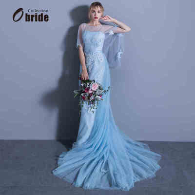 Obride2017年新款宴会晚礼服A版修身披肩蓝色显瘦新娘年会敬酒服