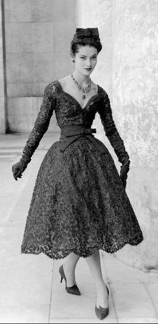 Kouka Denis in two-piece guipure lace dress by Yves Saint Laurent for Dior, 1958 ​​​