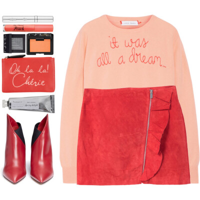 A fashion look from October 2017 featuring red sweater, ruffle skirt and short boots. Browse and shop related looks.