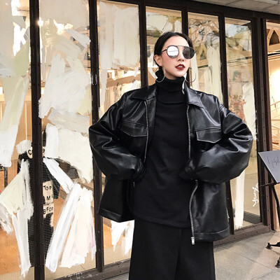 FFSTUDIO定制 bf皮衣女外套秋冬2017新款加厚宽松显瘦pu皮夹克潮