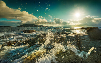 General 2560x1600 photography nature water sea landscape coast rock Sun waves