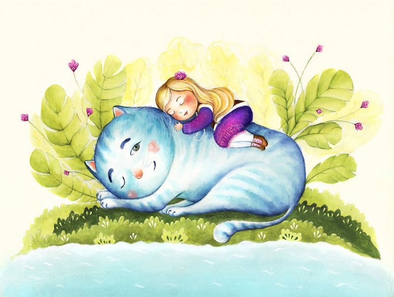 女孩猫咪儿童插画by画师olyabadulina