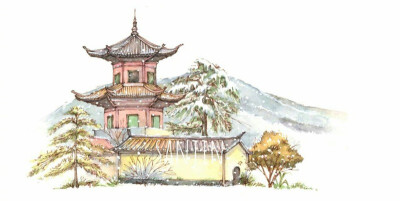 中国风亭子建筑水彩画图片
