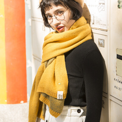 韩版毛线围巾女冬季学生格子仿羊绒针织情侣纯色围巾加厚保暖围脖