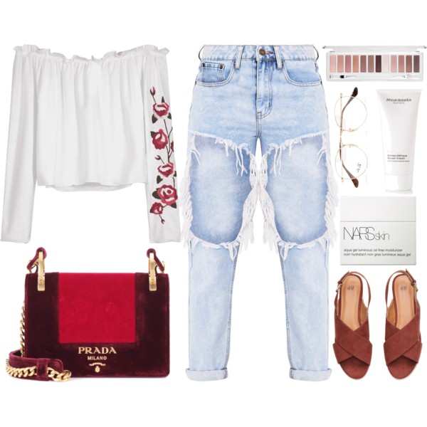 A fashion look from November 2017 featuring white off the shoulder top, boyfriend jeans and brown wedge sandals. Browse and shop related looks.