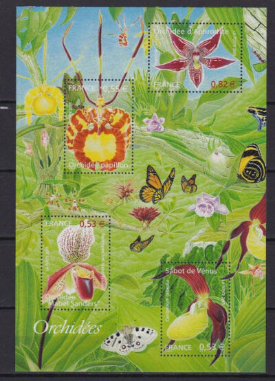 法国 邮票 2005年 植物 昆虫 花卉 兰花 蝴蝶 小全张 4全 全品 22元