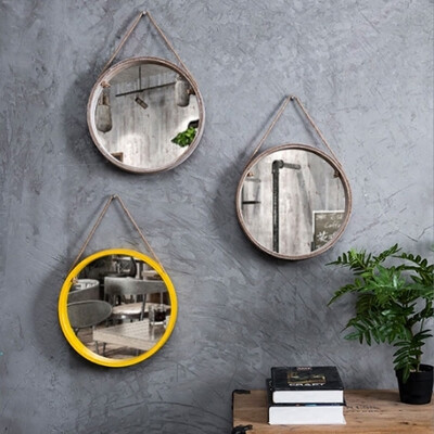 北欧简约复古原木装饰镜客厅壁挂吊挂镜玄关镜墙面梳妆镜浴室镜子
