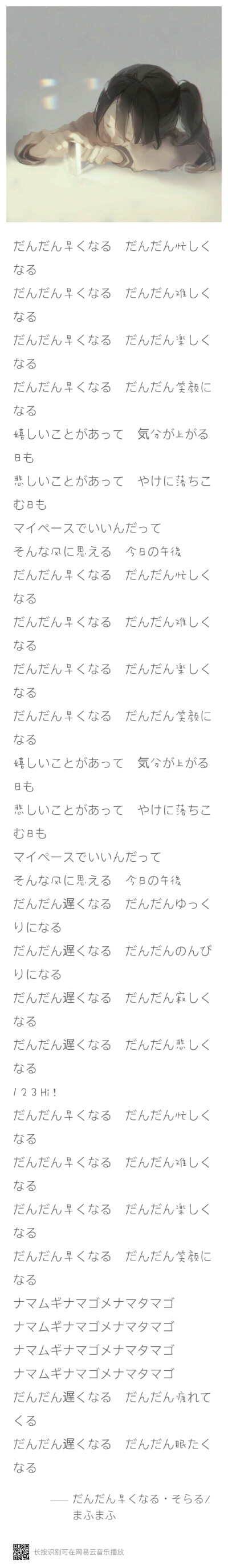 だんだん早くなる（逐渐加快）
演唱者:mafu&soraru
他们两个都是niconico上很有人气的翻唱歌手，现在已经组了组合叫after the rain。经常发合唱。まふまふ一开始是そらる痴汉，经过不懈的努力(x)终于勾搭上そらる[大…