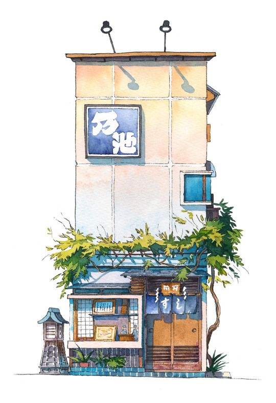 插画日风商店水彩