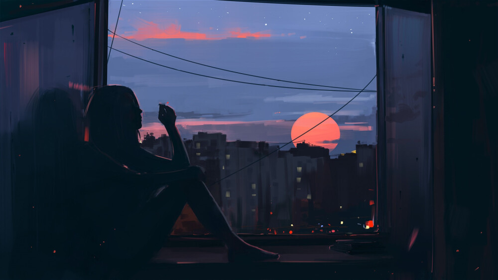 General 1920x1080 women dark window sunset city smoking barefoot artwork women indoors Aenami cigarettes